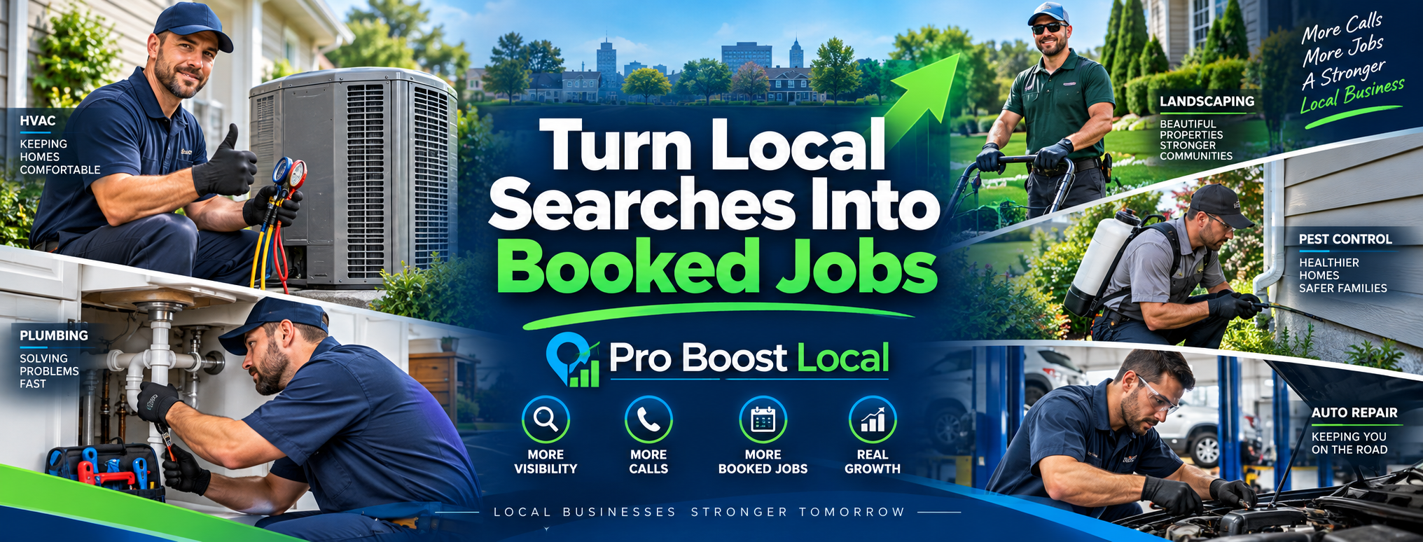 Pro Boost Local Facebook cover featuring HVAC, plumbing, landscaping, pest control, and automotive service professionals